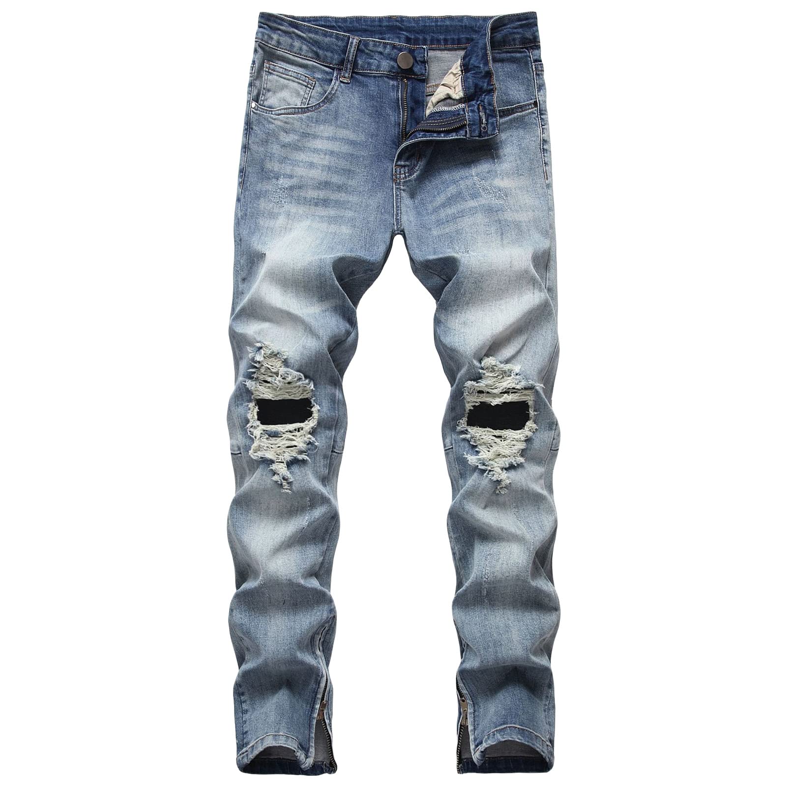 Maiyifu-GJ Mens Ripped Slim Tapered Leg Jeans Knee Holes Ankle Zipper Denim Pencil Pants Skinny Destroyed Jean Trousers