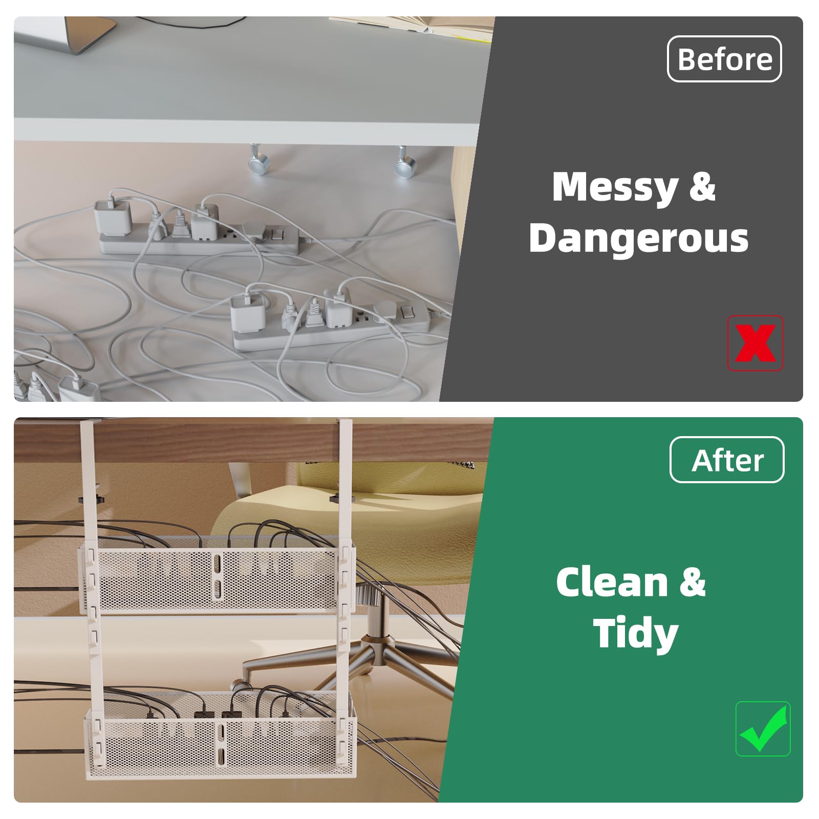 Multi-Model Under Desk Cable Management 2 Pack Metal Under Desk Wire Management Tray Clamp Mount Under Table Cord Management No Damage The Desk?White?