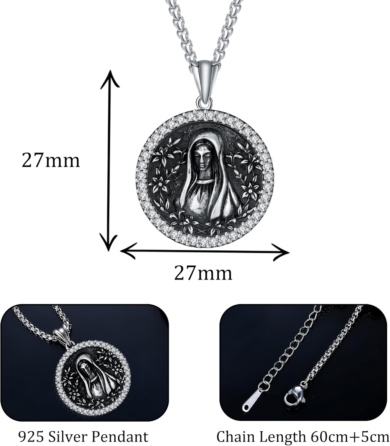 925 Sterling Silver Patron Saint Necklace Amulet Miraculous Medal Pendant Jewelry for Men Women with Friendship Talisman Travel Inspirational Gifts