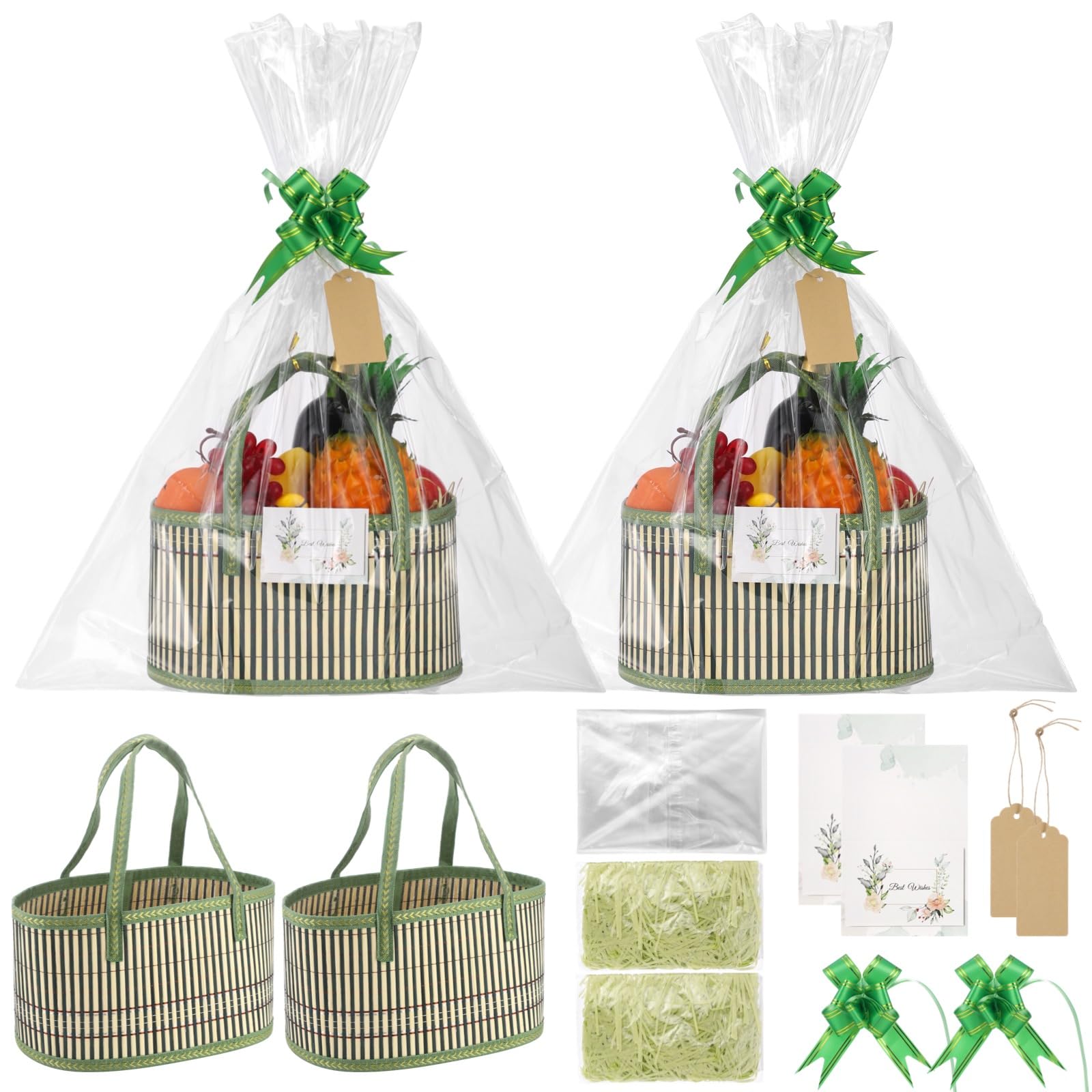 4 Pcs Green Woven Wood Gift Basket Set with Wrap Bags, Pull Bows, Greeting Cards, 11.8 in Empty Hamper Basket with Handles, Multi-Purpose Hamper Baskets for Gifts, Birthday, Housewarming
