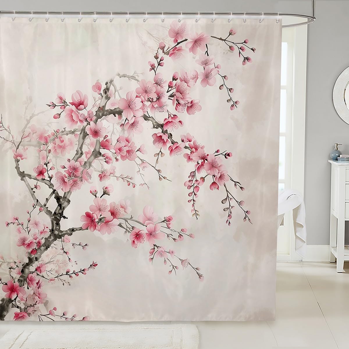 jejeloiu Kids Japanese Wave Shower Curtain Cherry Blossom Print Bath Curtain Boys Girls Sea Waves Bathroom Accessories Teens Bedroom Decor