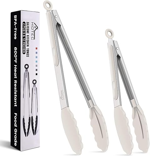HOTEC Pinzas de cocina de acero inoxidable de alta calidad con puntas de silicona, juego de 2-9 pulgadas y 12 pulgadas, caqui