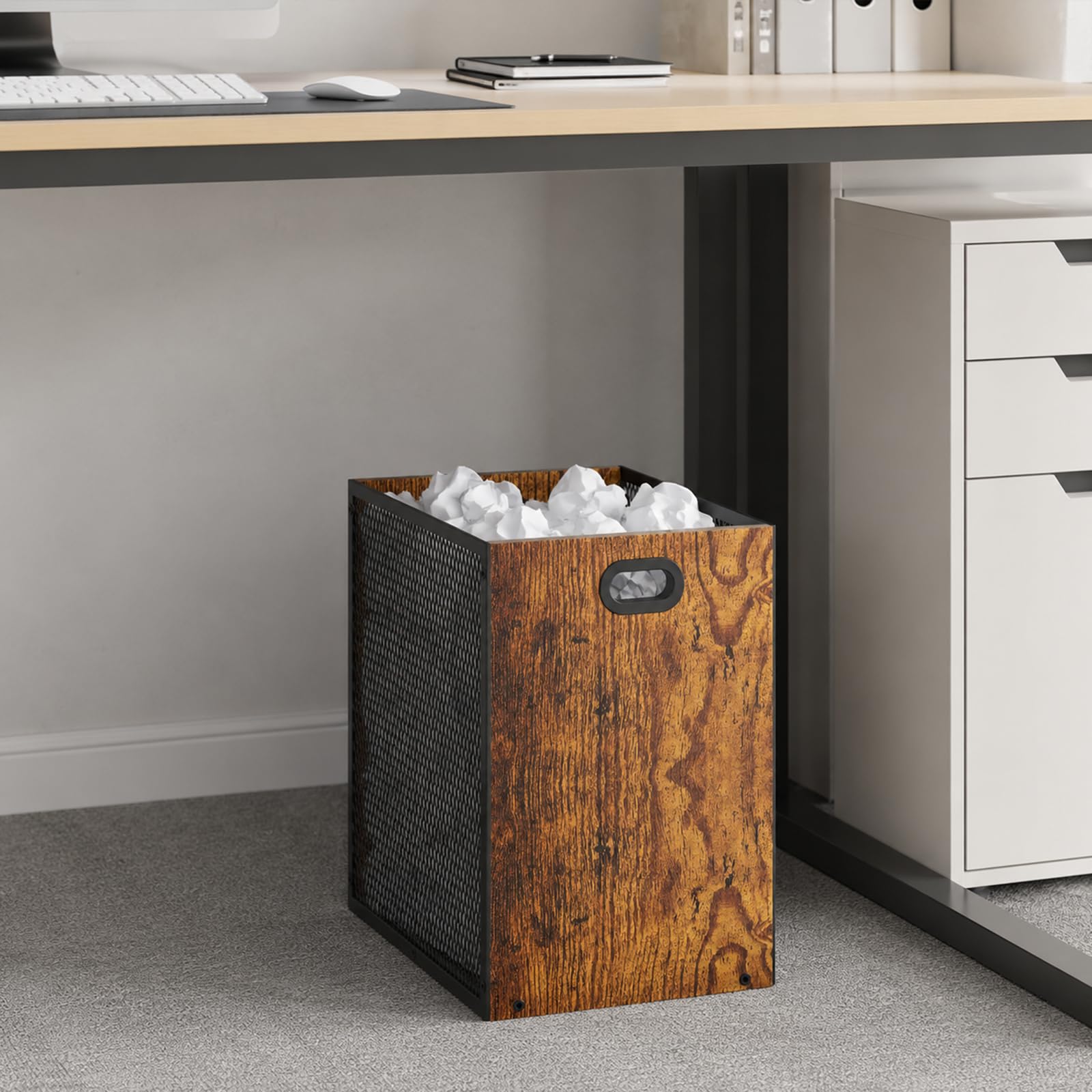 Papelera de Oficina de Metal y Madera con Asa