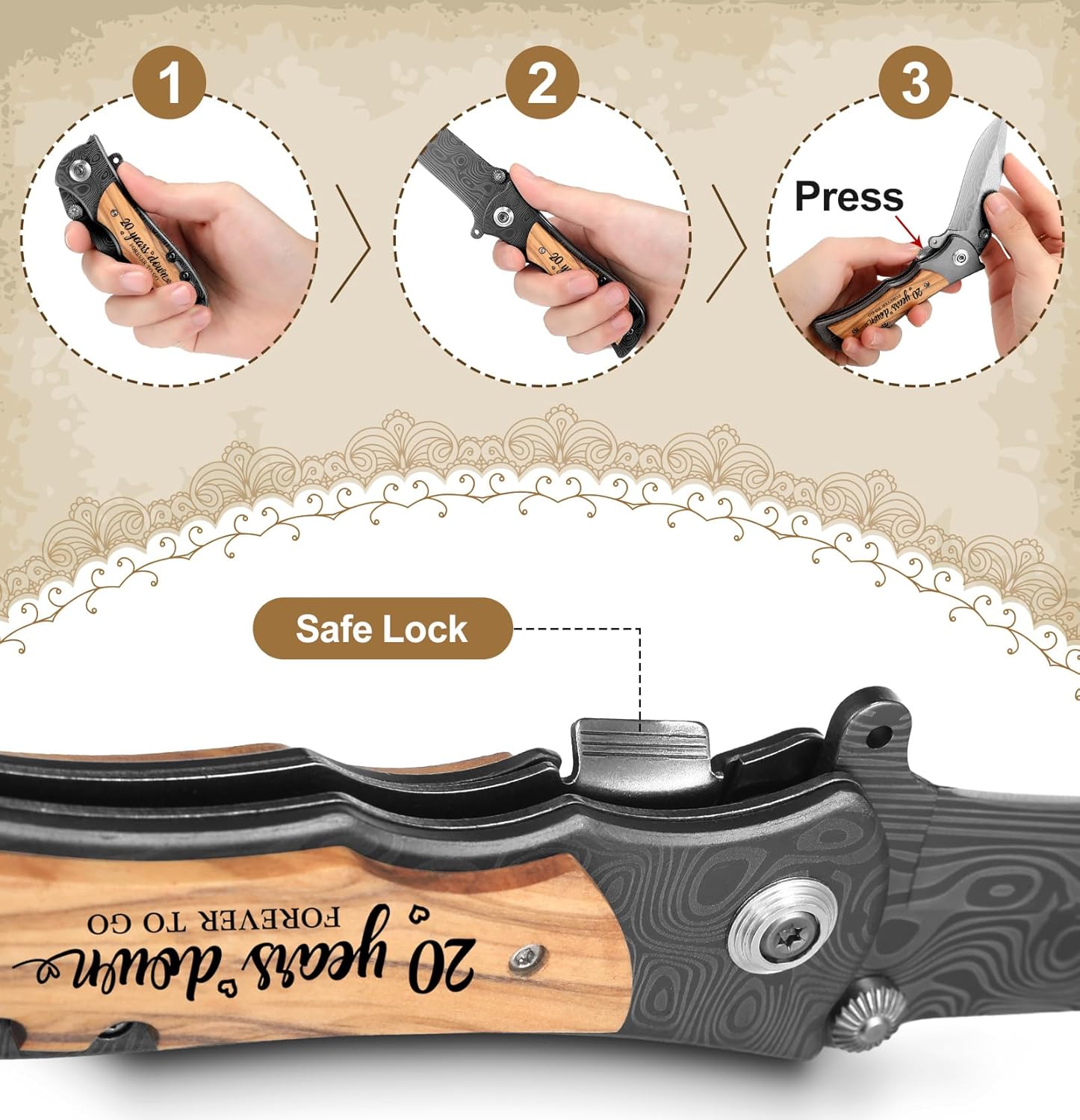 20 Year Anniversary Keepsake Gifts for Him Engraved Pocket Knife with Gift Box Happy Tin Anniversary Customized Wedding Birthday Father's Day Gifts for Men Husband - Image 5