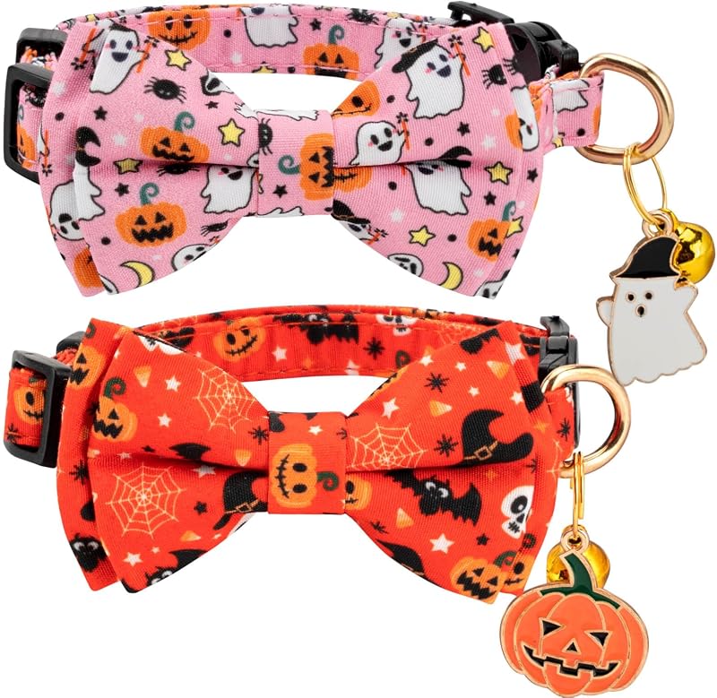 Coleira de Segurança para Gatos com Laço Removível e Sino Gelwoo Pink Ghost&Pumpkin, Pacote com 2