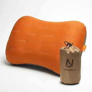 Inflatable Camping Pillow - Ultralight Compact Air Pillow for Travel, Backpacking & Hiking - Ergonomic Neck & Lumbar Support - Portable Inflatable Pillow with Removable Washable Cover - (Orange)