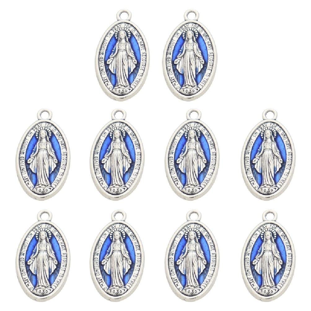 Museourstyty Silver 10X Blessed Virgin Pendant Charms Catholic Bracelets Necklace Pendant With Loop Miraculous Medals For Diy Jewelry Making