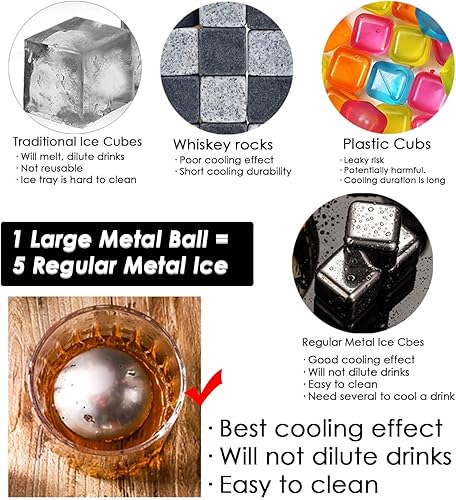 Miniatura 2 de Das TooKii Juego de regalo de piedras de whisky, cubitos de hielo de acero inoxidable, enfriador de whisky redondo XL, enfriador de bolas de hielo
