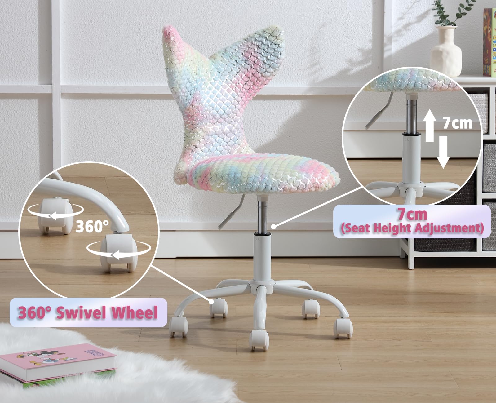 chairus Enfant Chaise de Bureau Pivotante en Fausse Fourrure Ergonomique Réglable en Hauteur Chaise de Chambre (Colorée)