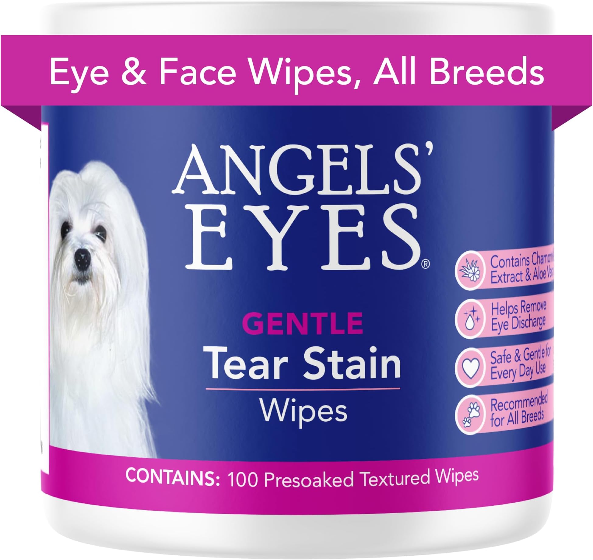 Angel's Eyes Gentle Tear Stain Wipes for Dogs and Cats - 100 Ct - Presoaked Textured (AEGTSW100)