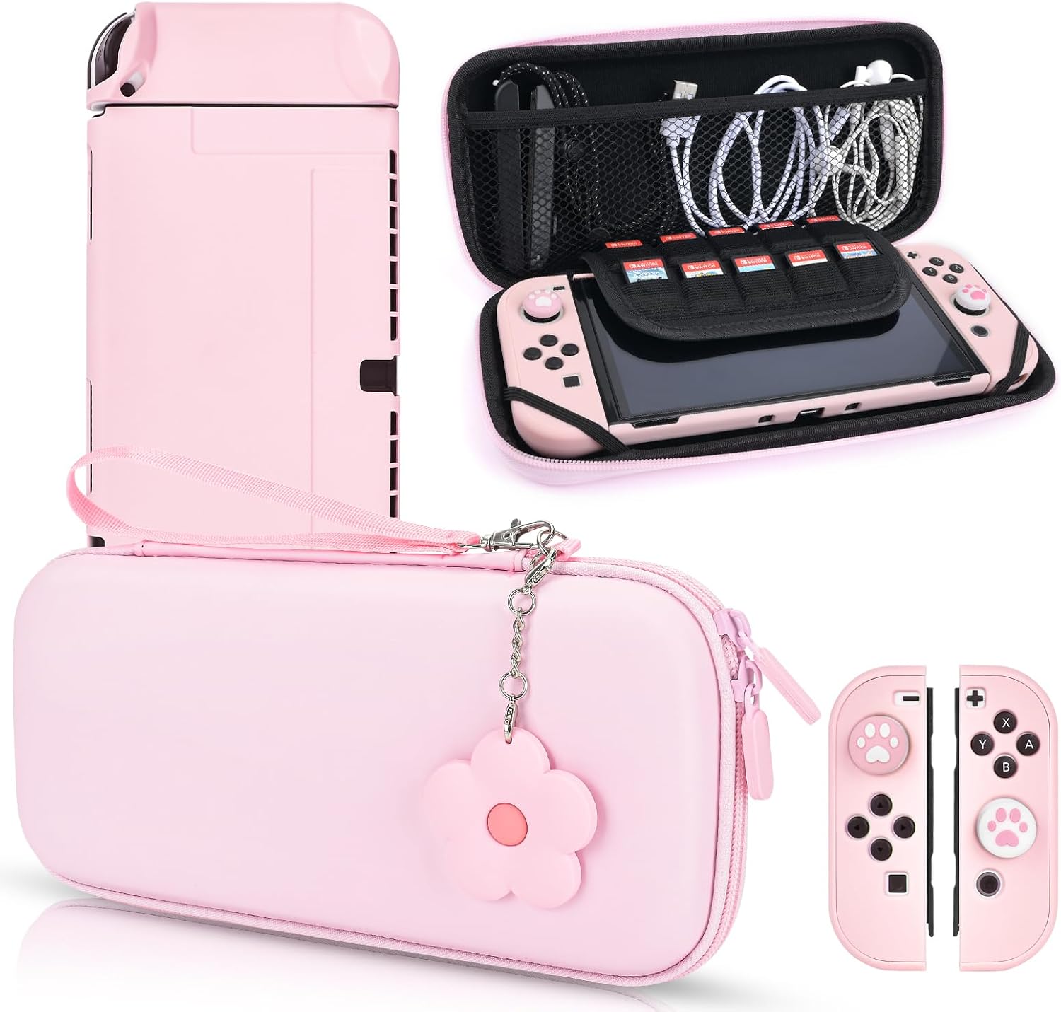 DLseego Pink Switch OLED Case Gradient Carrying Case with 10 Slots Cute Protective Dockable Hard Shell with 4PCS Glitter Cat Paw Thumb Grips Caps and 1PC Flower Blossom Chain for Switch 2021