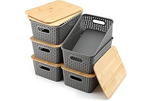 Sturdy Grey Plastic Storage Bins With Bamboo Lids - Set of 6