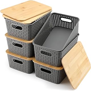 AREYZIN Storage Bins with Bamboo Lids Set of 6 Lidded Storage Container ...