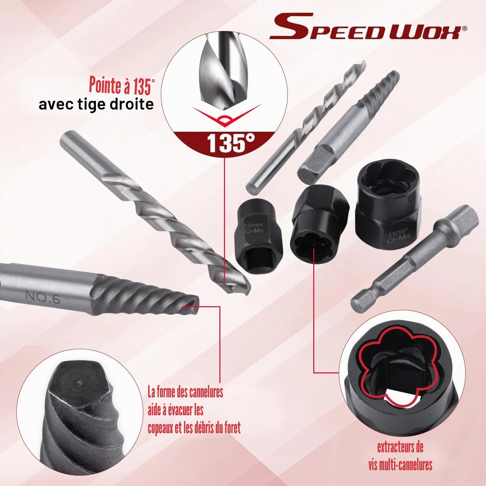 SPEEDWOX 26pcs extracteur de vis et forets main gauche Set Easy Out Kit extracteur de vis outils de démontage de boulon multi-cannelures foret main gauche extracteur de tête hexadécimal extracteur de