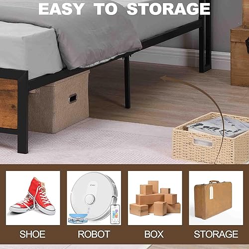 Miniatura 5 de Base de cama industrial con luces LED y 2 puertos USB, marco de cama de plataforma moderna con cabecera de almacenamientoespacio de almacenamiento