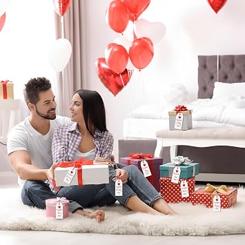 Geyoga 8 Pcs Valentine Gift Tag with String 7 Days Rose Propose Chocolate Promise Hug Kiss Happy Valentine Week Hanging Red Heart Tag for Gift Wrapping Treat Bag Party Favors
