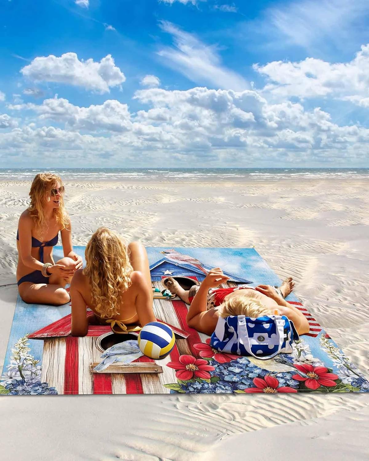 Independence Day Bird House Flower Blue Sky Beach Blanket Extra Large 83x79in Outdoor Waterproof Sandproof Picnic Blankets with Stakes Lightweight Beach Mat for Camping Travel Hiking,USA Flag Theme