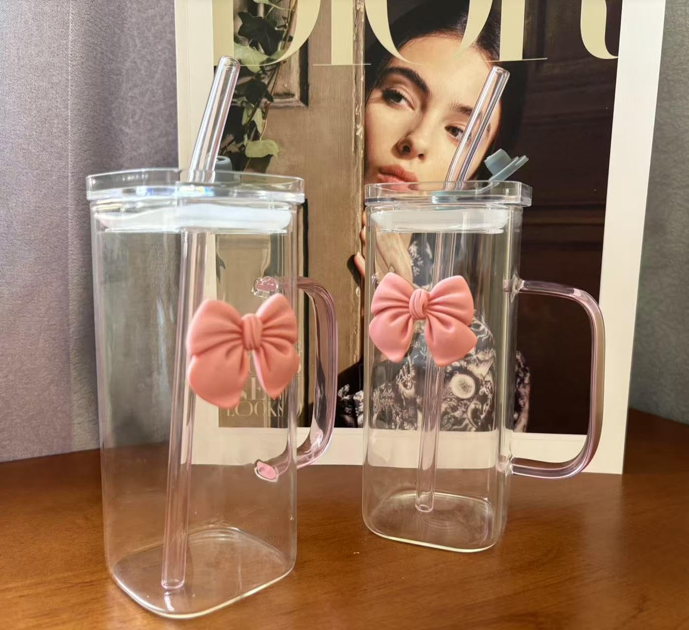 2-Pack Glass Water Bottles with Lids & Straws, 13.5 Oz Cute Pink Bowknot Design Reusable Drinking Cups for Girls Women – BPA-Free, Dishwasher Safe, Not for Microwave (Party Favors, School, Office)