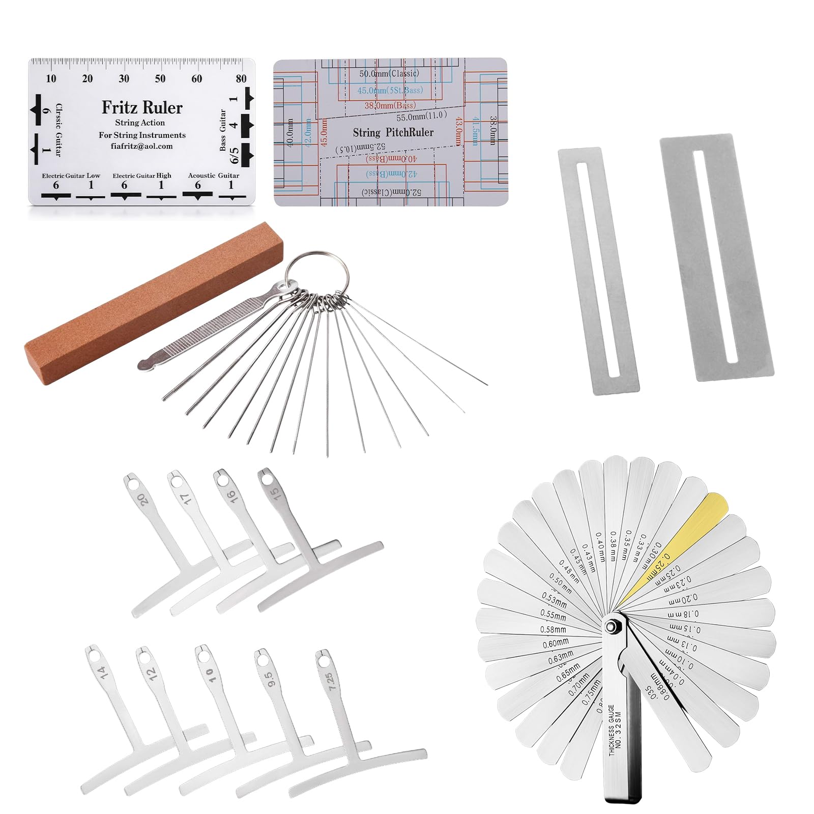 Gitarren Werkzeug Set Messwerkzeug für Die Gitarre Gitarren Tool Set Enthält Kunststofflineal Silbernen Pads Spaltlehre Roten Wetzstein Feile Und 9 T Winkel Geeignet für Bass Banjo Usw