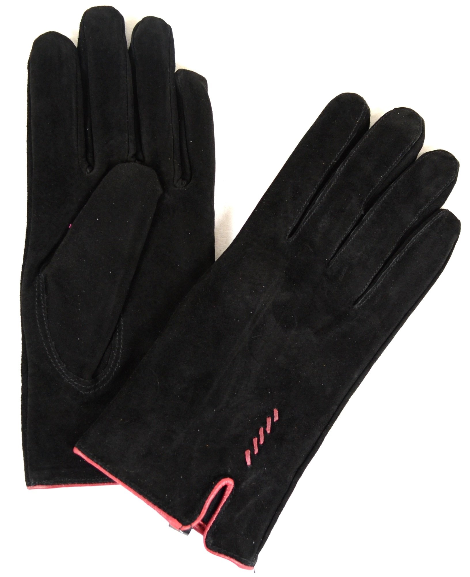 Ladies Suede Gloves with Fleece Lining and Stitch Design - Black - Small (6.5