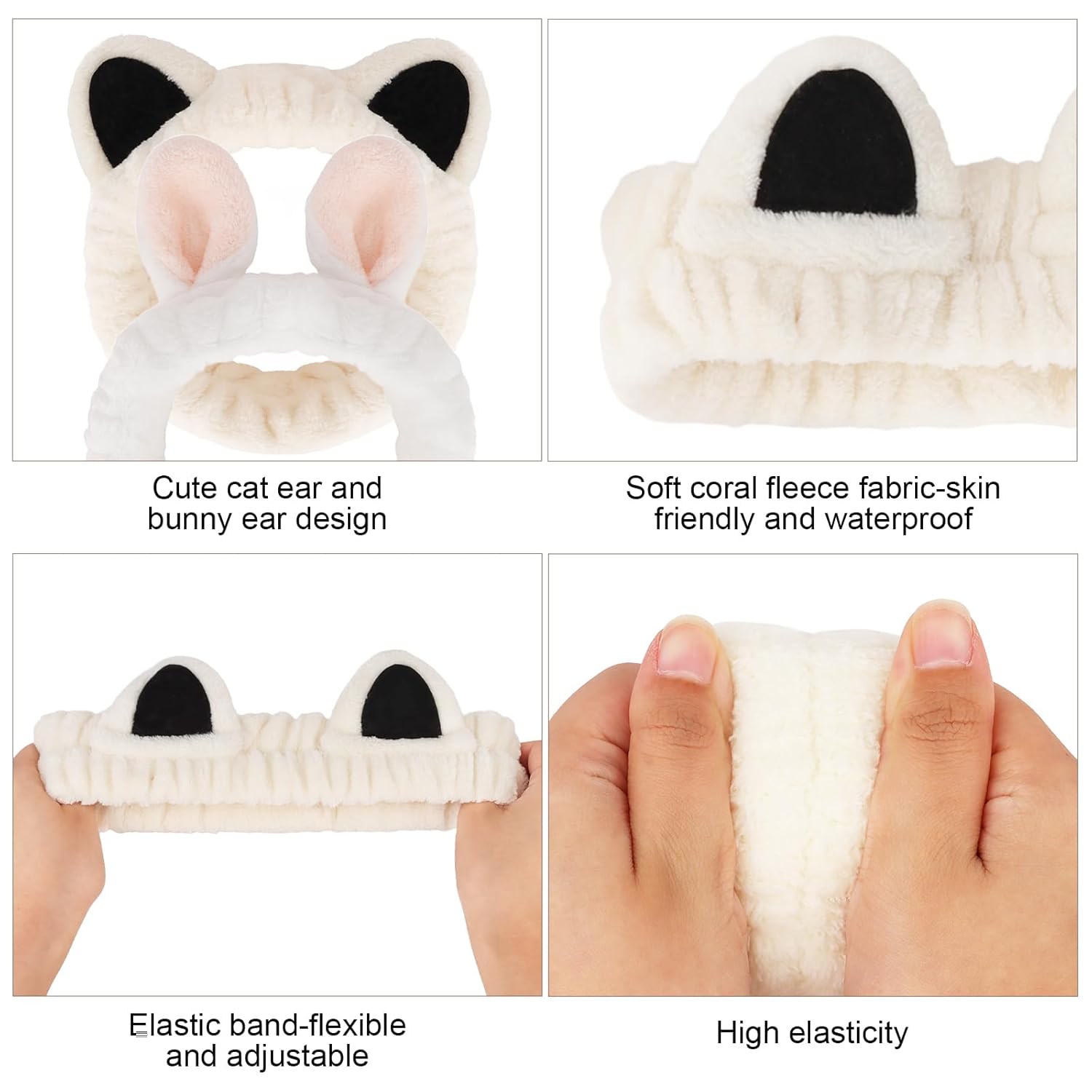 6pcs Ears Spa Headband and Wristband Set, Cute Cat Ears and Bunny Ears Makeup Headbands for Washing Face, Coral Fleece Elastic Head Band for Women Girls - Image 5