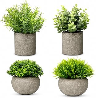 フェイクグリーン 観葉植物 卓上 4鉢セット 人工観葉植物 ミニ | 造花, インテリア, オフィス, グレー鉢