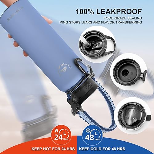 Miniatura 4 de NATURE PIONEOR Botellas de agua aisladas con mango de paracaídas, botella de agua deportiva al vacío de 40 onzas de boca ancha con 3 tapas, acero