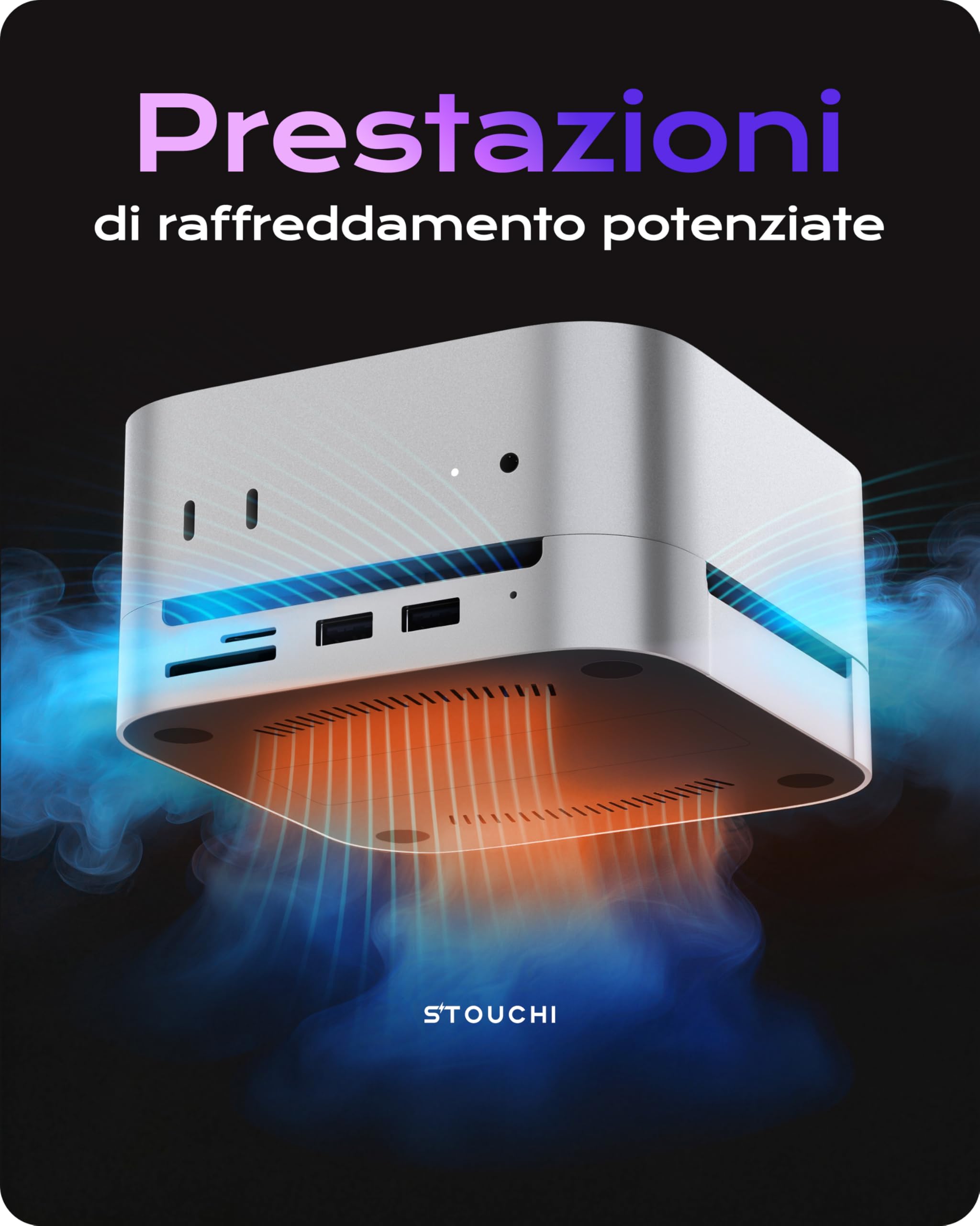 Stouchi Mac Mini M4 Dock Stand con 8TB NVMe SATA SSD Enclosure, 2* USB A 10Gbps, 4K@60Hz HDMI, SD/TF Slot, 2* USB A Data Port, Audio 3.5mm, Pulsante di accensione facile e Wi-Fi stabile per Mac mini