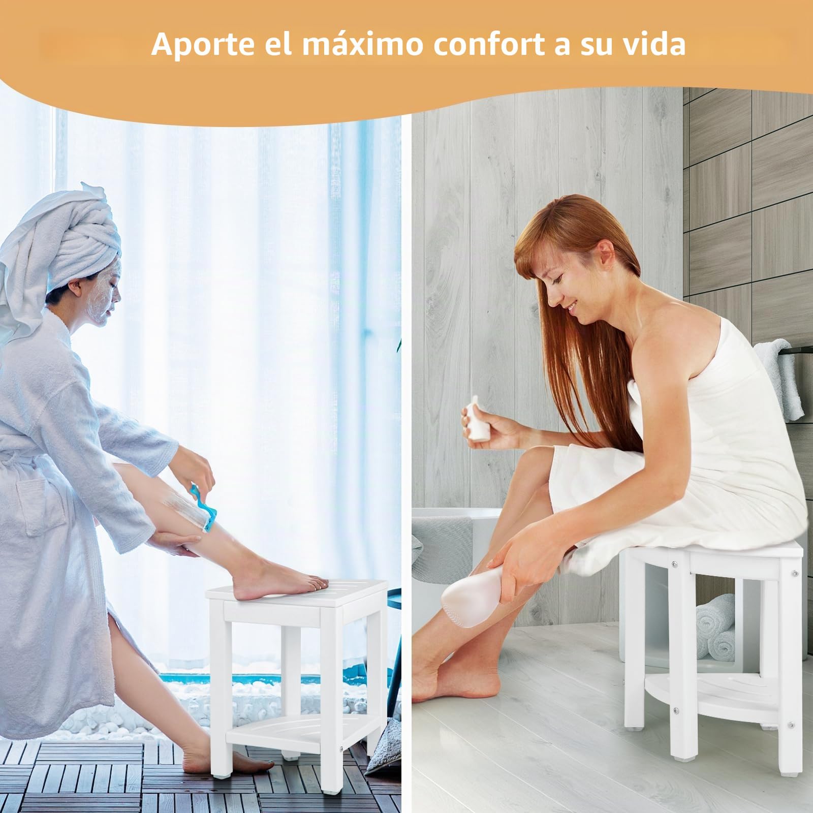 RELAX4LIFE Banco de Ducha Esquinero de 2 Niveles, Taburete de Ducha de HDPE con Estante, Reposapiés de Baño para Espacios Pequeños, Taburete de Ducha Impermeable, Carga 150 kg (Blanco)