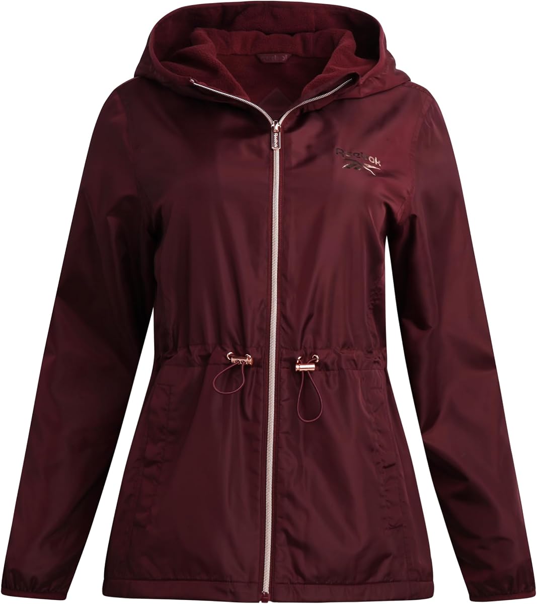 Reebok Chaqueta cortavientos con forro polar y capucha para mujer | Carcasa resistente al agua con forro suave y acogedor, cuello ancho que bloquea el viento, ajuste ajustable para el uso diario en otoño