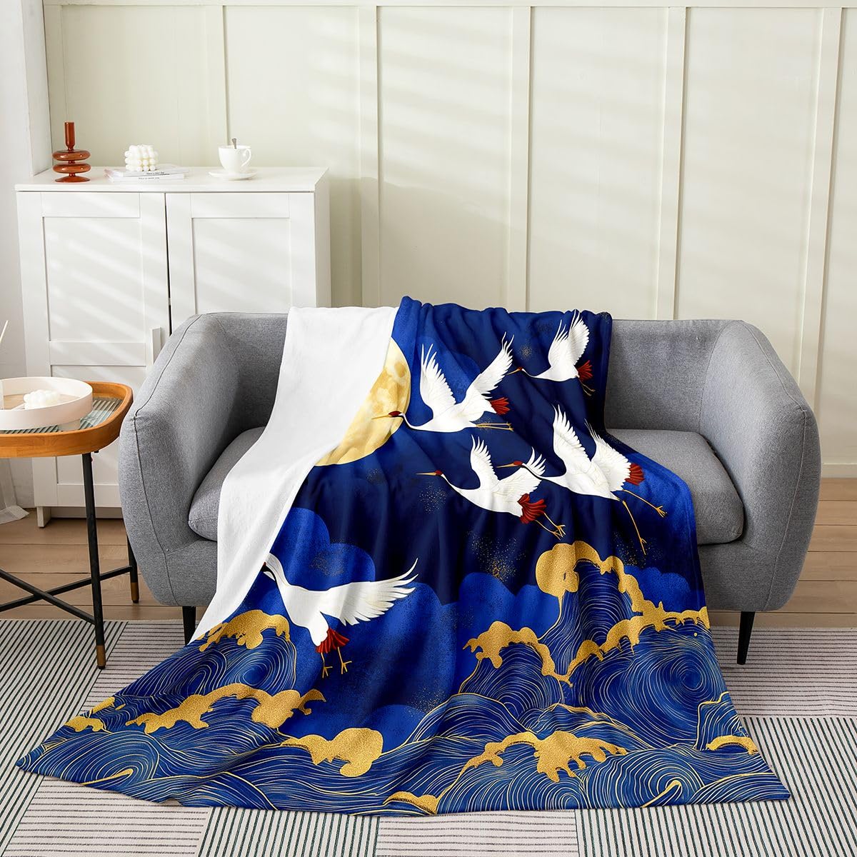 Crane Flannel Fleece Blanket,Ukiyo-e Style Bedding Set Super Soft for Kids Teens,Japanese Style Sea Wave Decor Flannel Blanket,40"x50"