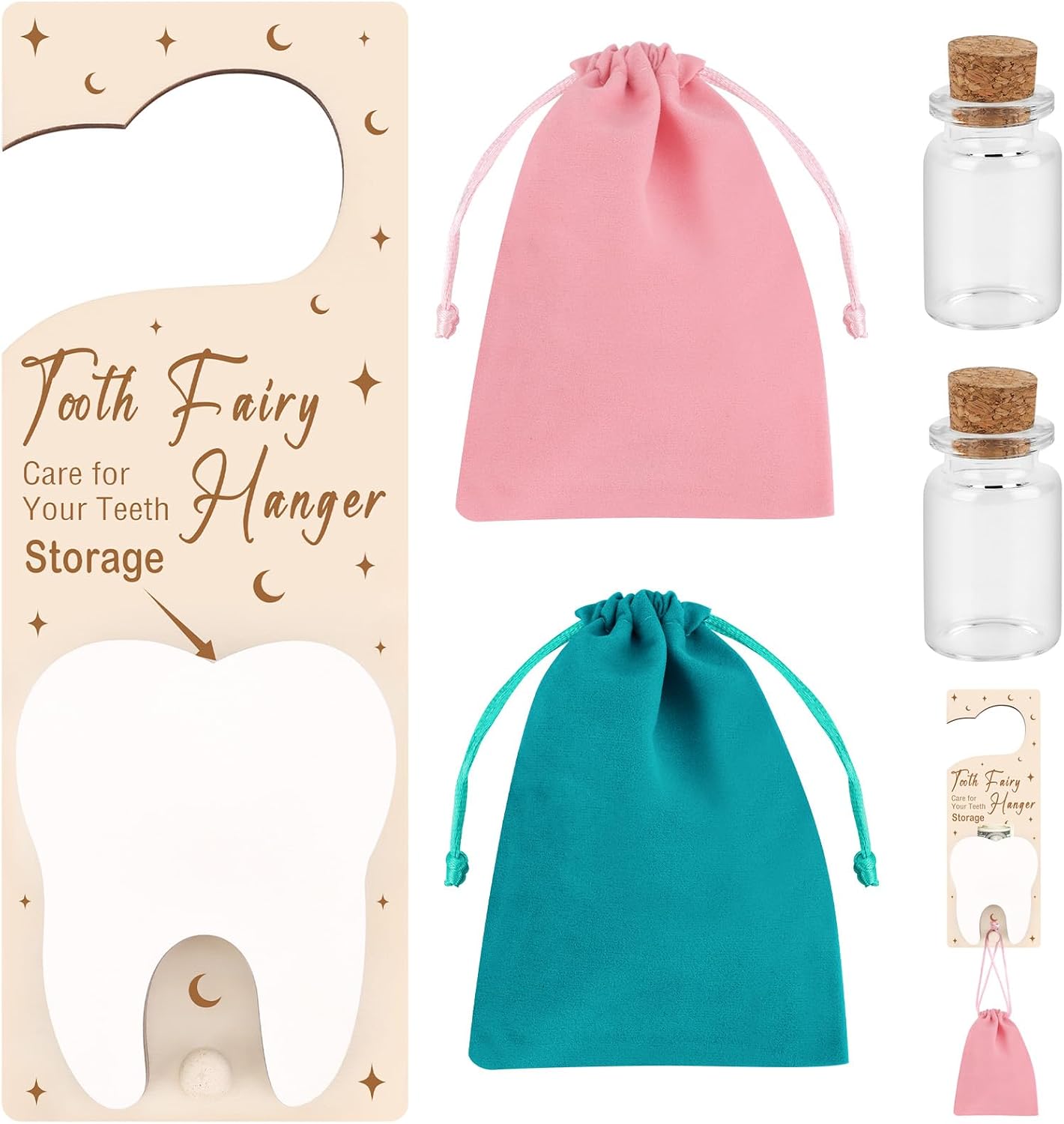1+4PCS Tooth Fairy Door Hanger, Wooden Tooth Fairy Door Holder with Slot Encourage for Lost Teeth Gift, with 2 Bottles/ 2 Pouch