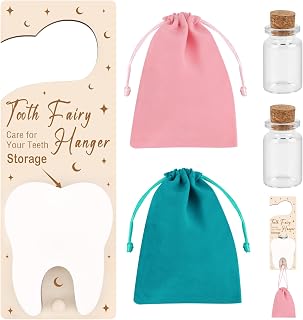 1+4PCS Tooth Fairy Door Hanger, Wooden Tooth Fairy Door Holder with Slot Encourage for Lost Teeth Gift, with 2 Bottles/ 2 Pouch