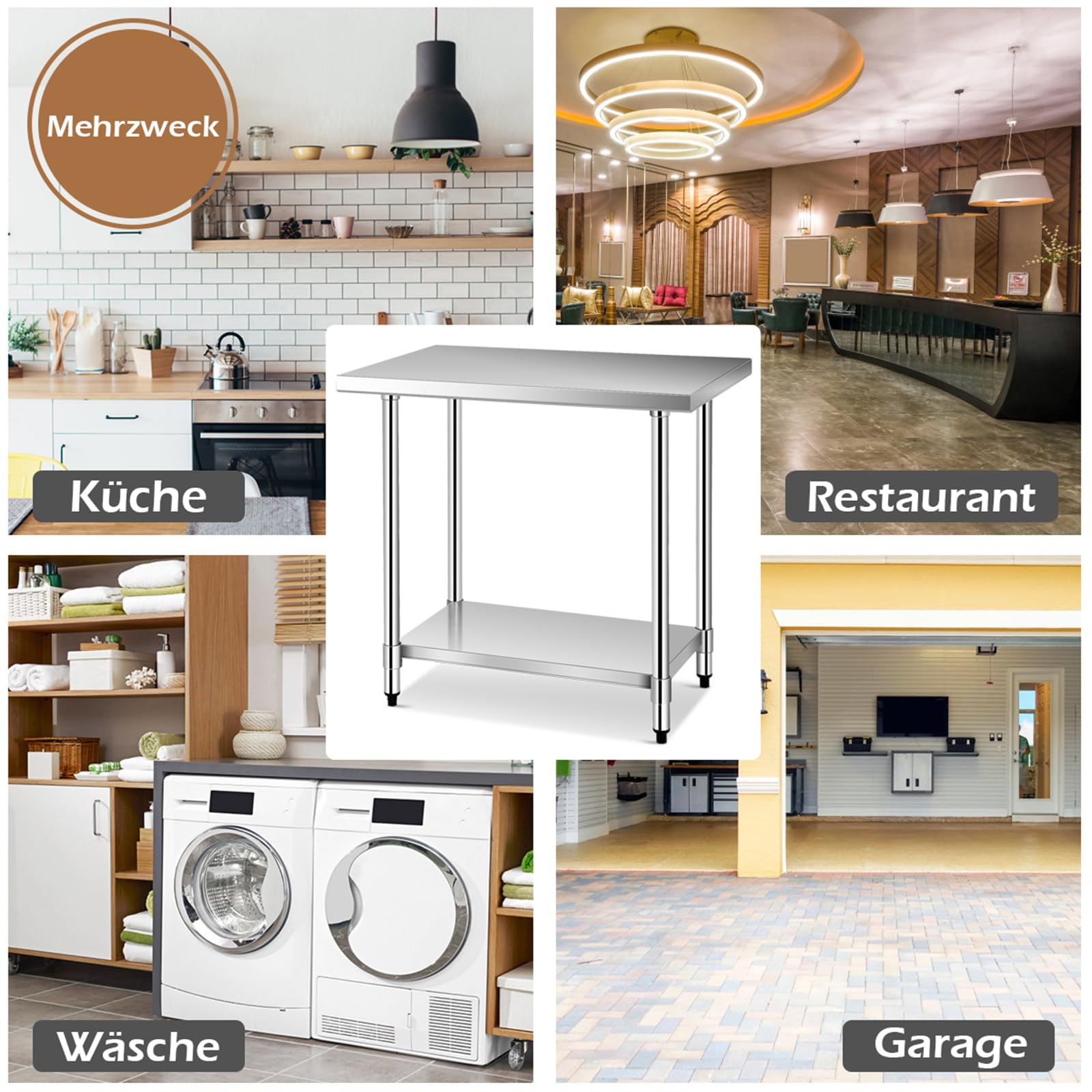 COSTWAY Stół Kuchenny Ze Stali Nierdzewnej Z Półką o Regulowanej Wysokości, Roboczy, Gastronomiczny, Przygotowawczy Z Półblatem (92 x 61 x 90 cm)