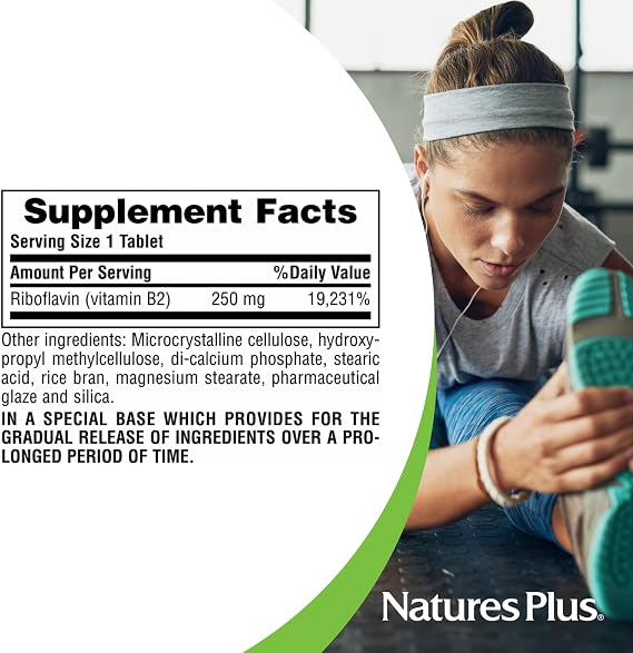 NaturesPlus Vitamin B2 250 mg - 60 Sustained Release Tablets - Supports Energy, Immune Health & Vibrant Hair, Skin, and Nails - Antioxidant Protection - Vegetarian, Gluten Free - 60 Servings