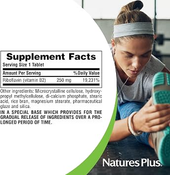 NaturesPlus Vitamin B2 250 mg - 60 Sustained Release Tablets - Supports Energy, Immune Health & Vibrant Hair, Skin, and Nails - Antioxidant Protection - Vegetarian, Gluten Free - 60 Servings