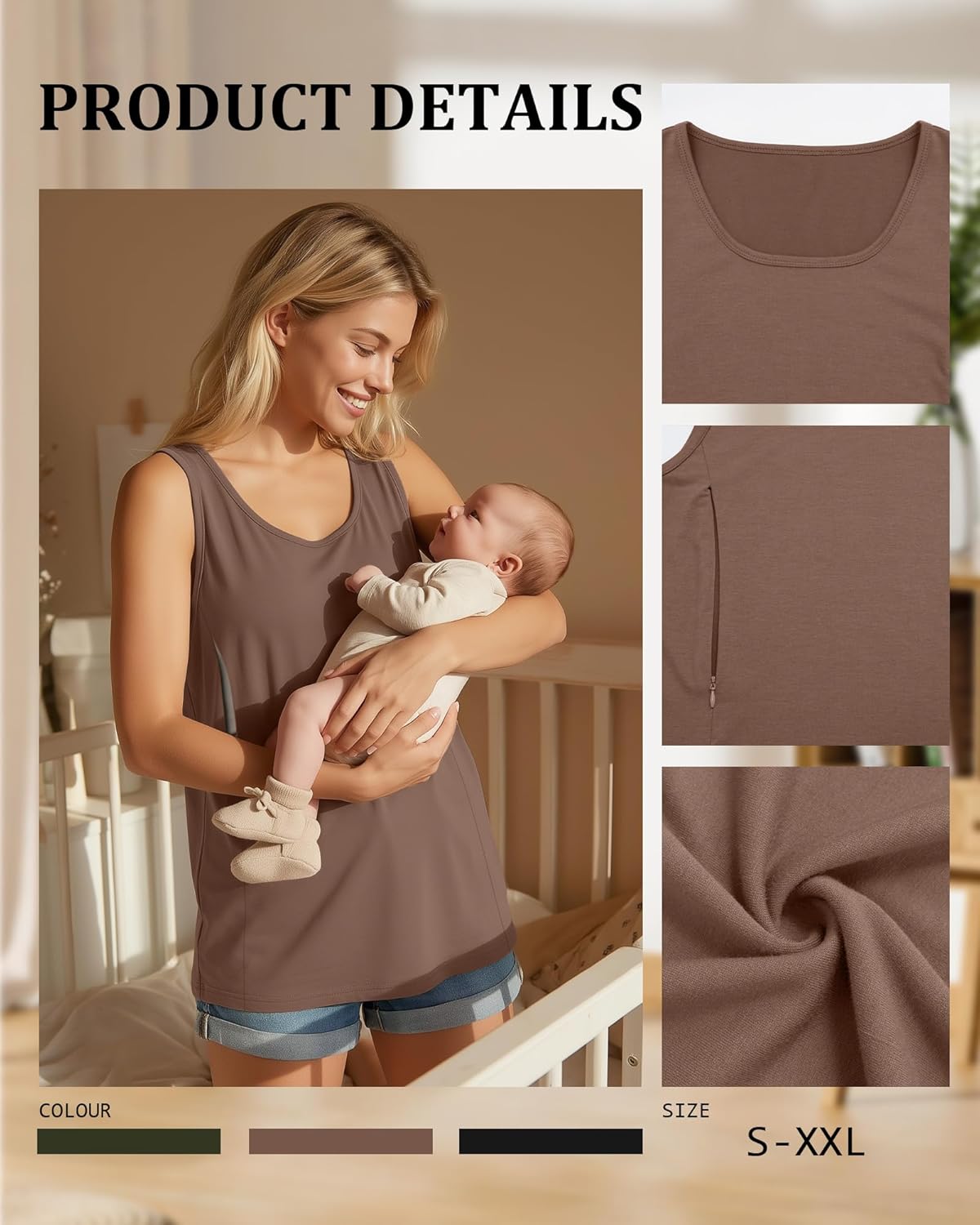 Ficerd 3 Pack Women's Maternity Nursing Tank Tops Breastfeeding Zipper Sleeveless Shirts Comfy Summer Pregnancy Clothes