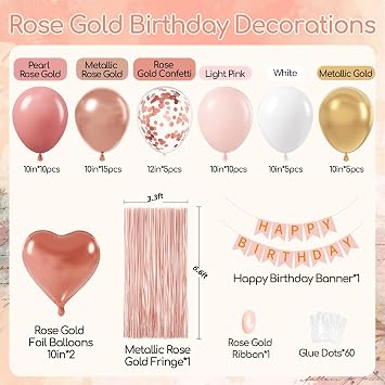 Rose Gold Birthday Decorations with Light Pink White Foil Balloons