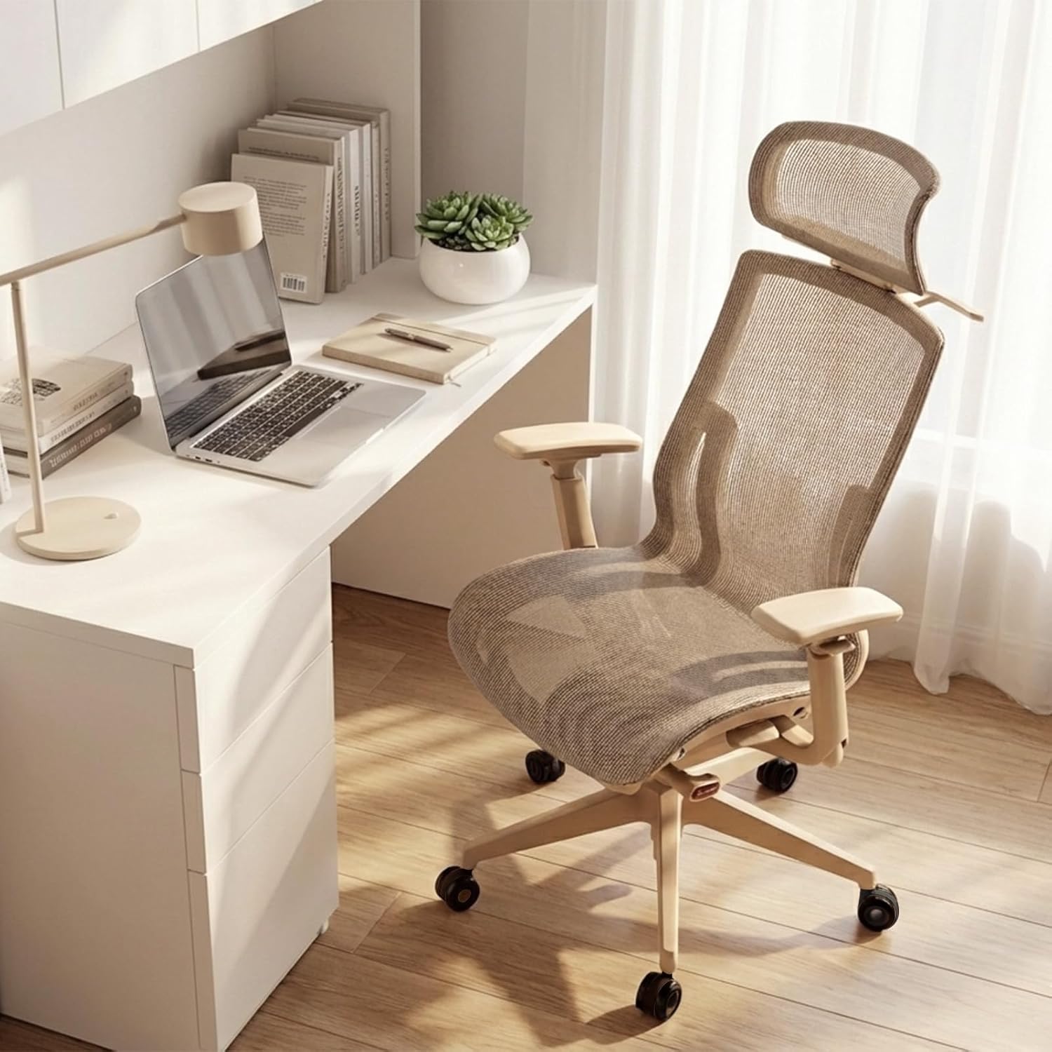 Nouhaus Ergo Airex Ergonomic Office Chair - High Back Mesh Desk Chair Comfy with Adjustable Headrest, Lumbar Support, 3D Armrest, Coat Hanger, Tilt Lock, Home Office Computer Chairs for Studio, Taupe - Image 2