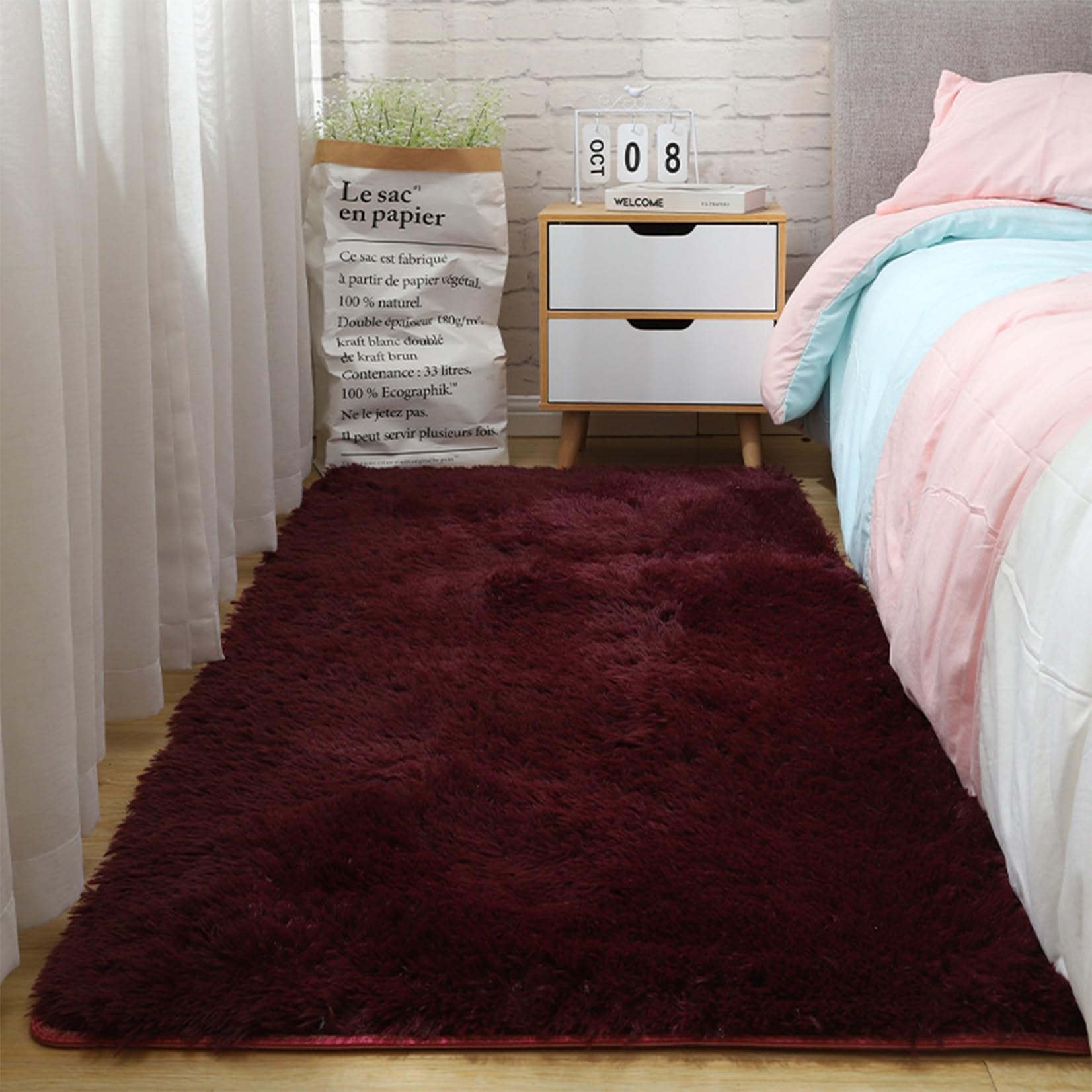 Puszysty Dywan Shaggy Nowoczesny 110 x 250 cm Antypoślizgowy Super Miękki Plusz Dywaniki Do Dużego Salonu Wystrój Domu Wewnątrz Do Sypialni, Salonu, Pokoju Dziecięcego, Czerwone wino