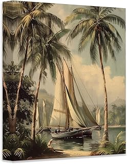 Vintage Seascape Painting of Rum Cay-Coastal Tropical 18x24 Beach House Canvas Poster Decor- Sailboat & Palm Trees - Antique Nautical Island Art - Summer Home Decor & Historical Beach House Landscapes