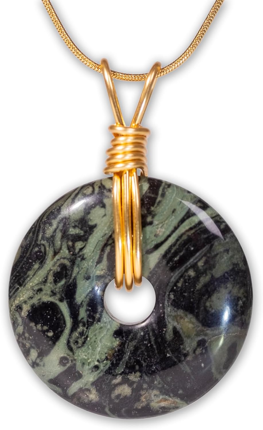 Handmade Moss Agate, Gem Lepidolite,Golden Sheen Obsidian And Sliver Sheen Obsidian Pendant Necklace - Good Energy Crystal Holder with Gold Chain, Vintage Copper Wire Jewelry for Men & Women, Chakra Healing Donut Charm, Perfect Vacation Essential & Friendship Gift, Special Birthday, Anniversary Jewelry