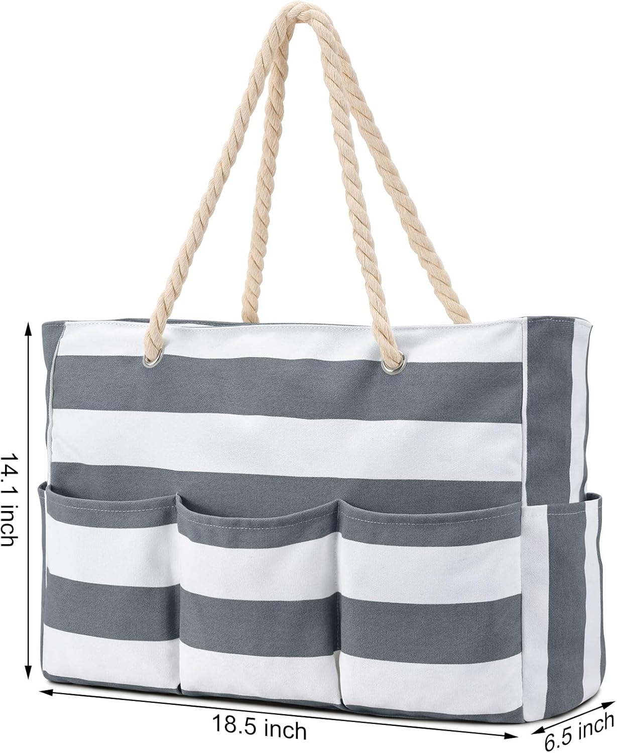 Becokan Beach Bags for Women Canvas Large Beach Tote Bag Zipper Waterproof Sandproof Foldable Swim Pool Bag with 7 Pockets