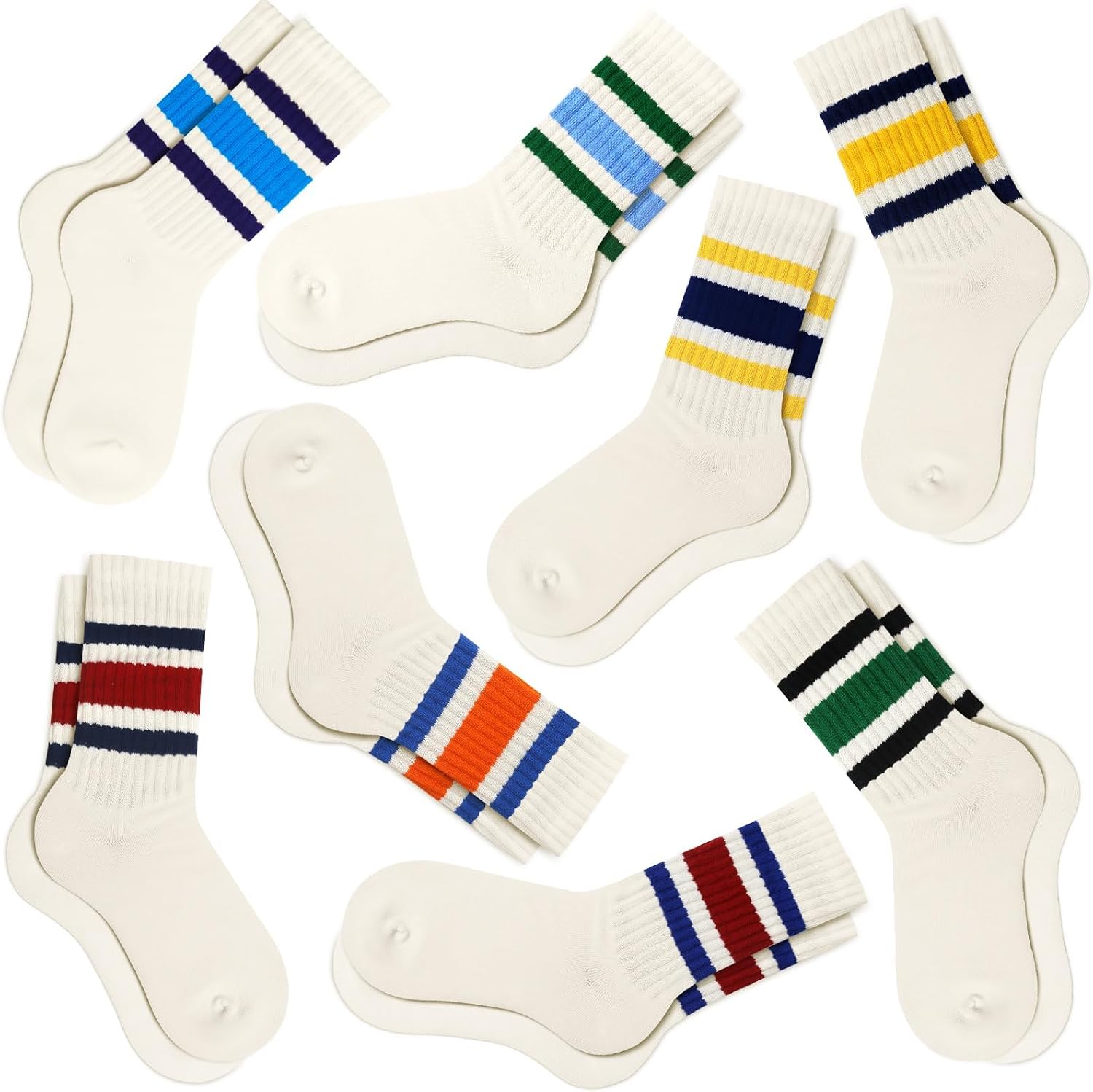 8 Pairs Striped Cotton Socks for Women & Men, Retro Crew Socks with Elastic Cuff, Breathable Athletic Socks for Sports and Daily Wear (Multi-Color)