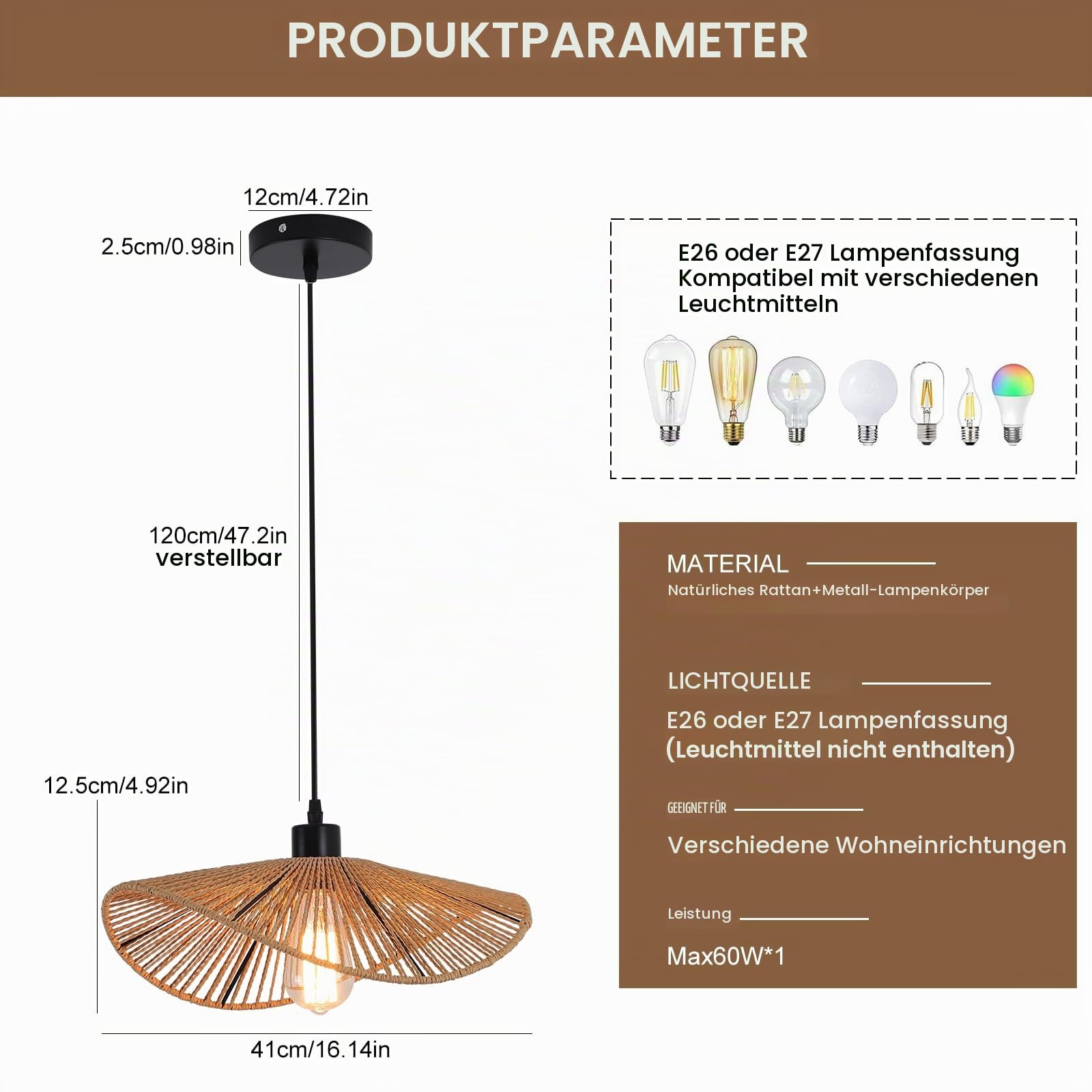 Rattan Pendelleuchte Boho Hängelampe Handgewebt Natur 41 cm | Boho Hängeleuchte aus Handgewebtem Natur-Rattan für Wohnzimmer, Esszimmer, Schlafzimmer, Küche, 41cm