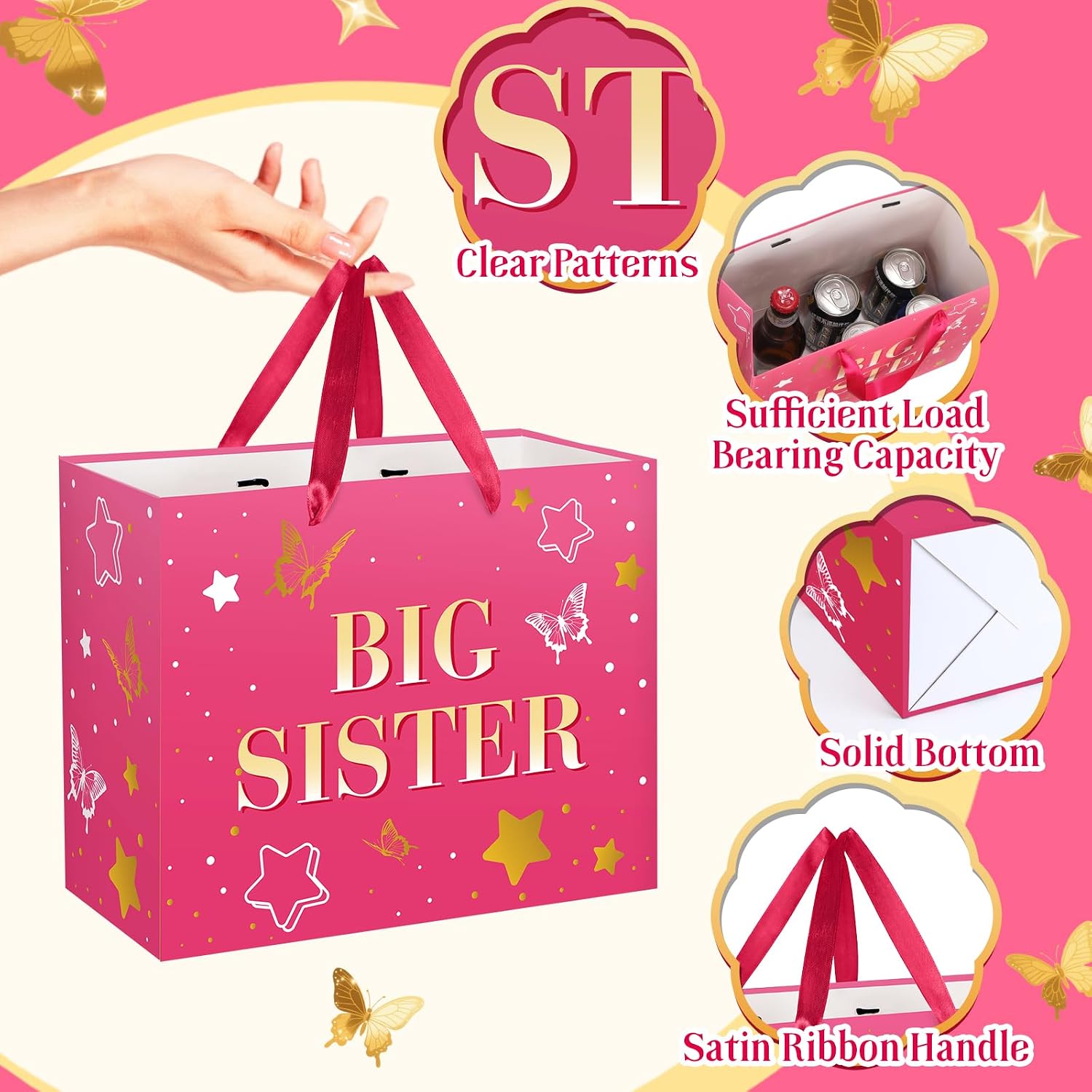 Big Sister Gift Bag for Girls, Hot Pink Big Sister Gift Bag with Tissue Paper and Greeting Card Pink Wrapping Paper Star Butterfly New Sister Party Decoration for Little Girl Birthday Party Supplies