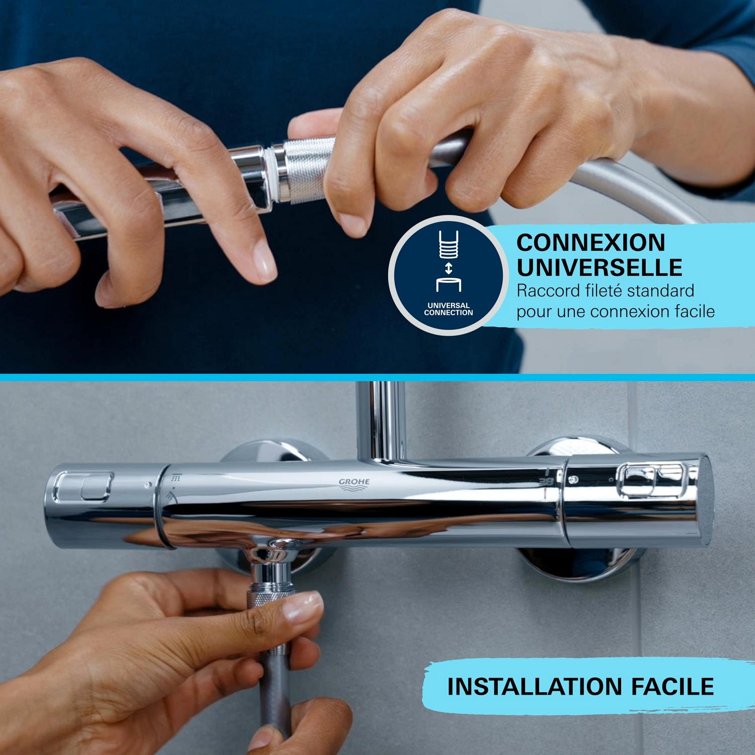 GROHE QuickFix Vitalio Start 110, Ensemble de douche avec Douchette Ronde 2 jets (Pluie et Stimulant) avec Flexible 1,5m, Economie d'Eau, Sélection Facile, Procédé Anti-Calcaire, Chromé, 2696010E