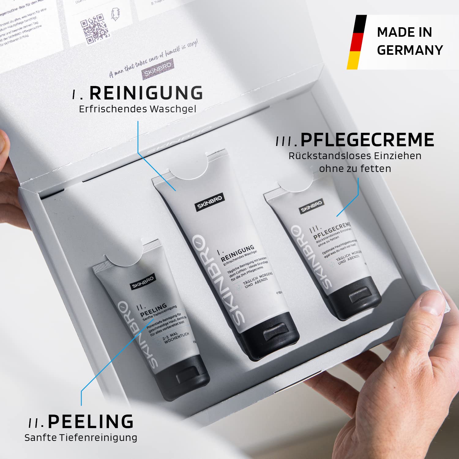 SKINBRO Gesichtspflege Männer Set | Made in Germany | 3er Skincare Pflegeset Herren - Reinigung, Peeling und Gesichtscreme Coffein Vegan | Ideales Geschenkset Männer | Cleanser, Care & Moisturizer