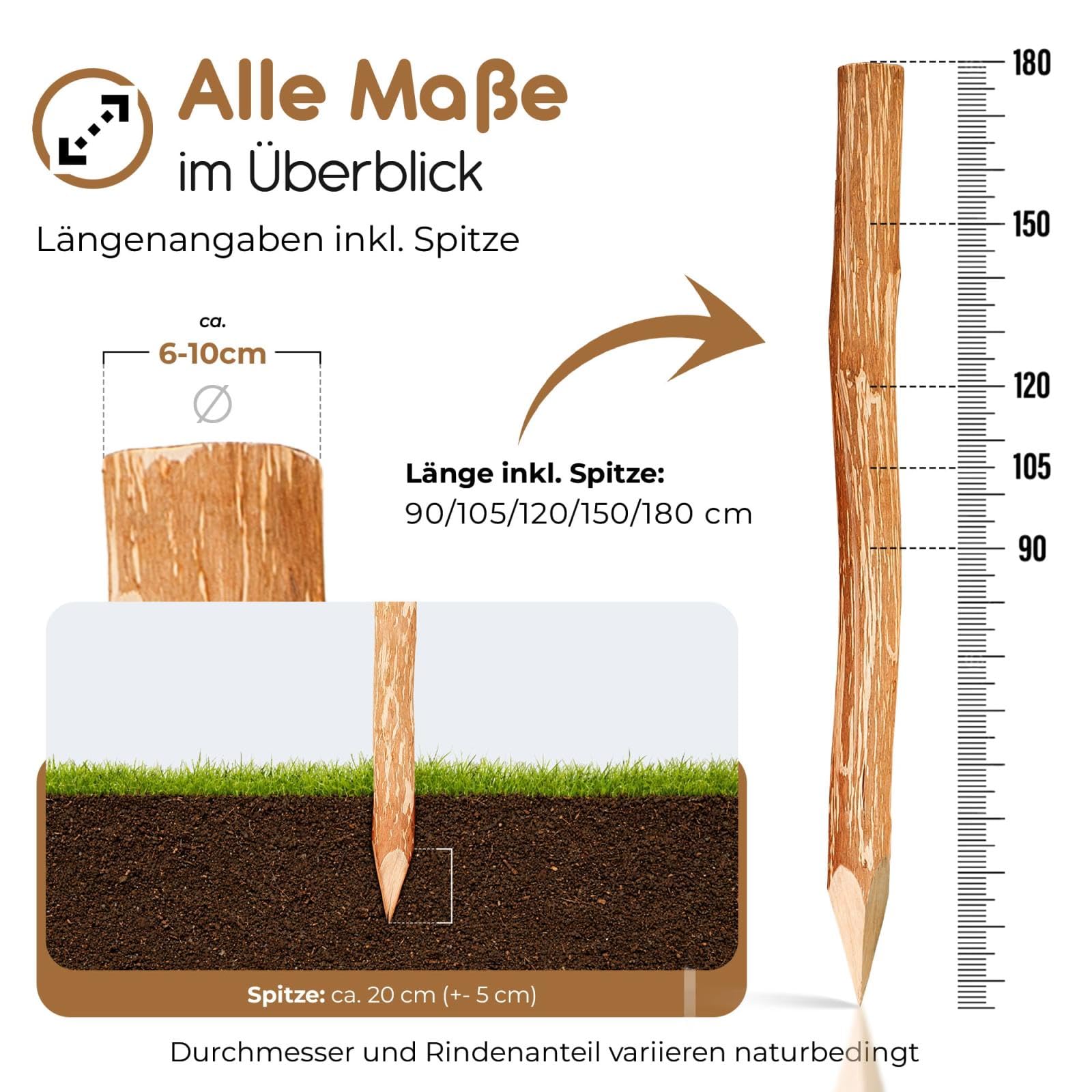 BOOGARDI Holzpfosten für Staketenzaun · Zaunpfosten Holz rund in 5 Größen · 5x Holzpfahl 180 cm lang · Holzpfähle für Holzzaun · Zaunpfähle, Pfosten, Wildzaun