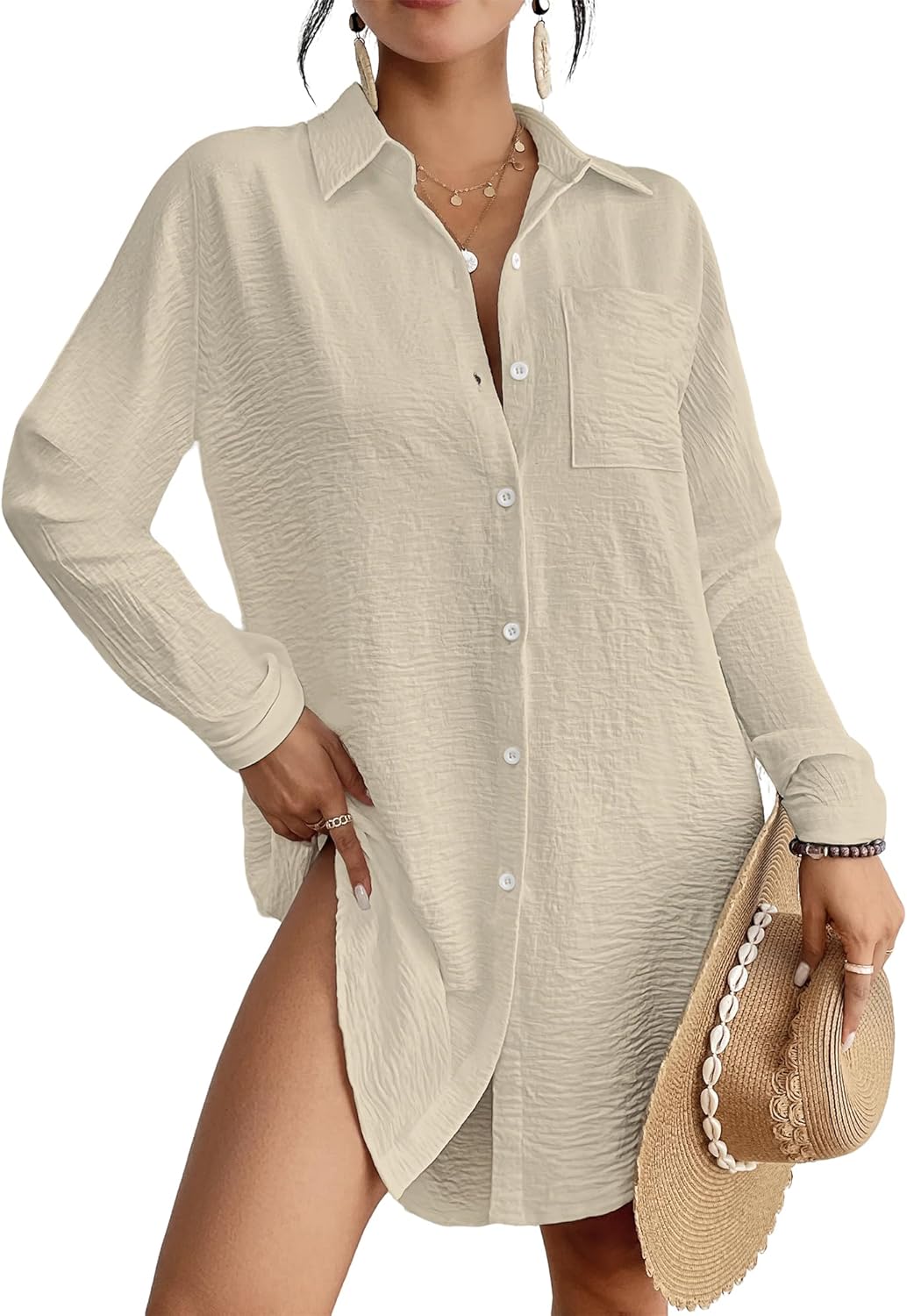 Bsubseach Swimsuit Coverup for Women Button Down Beach Cover Ups Long Sleeve Shirt Dress Modern Blouse Top